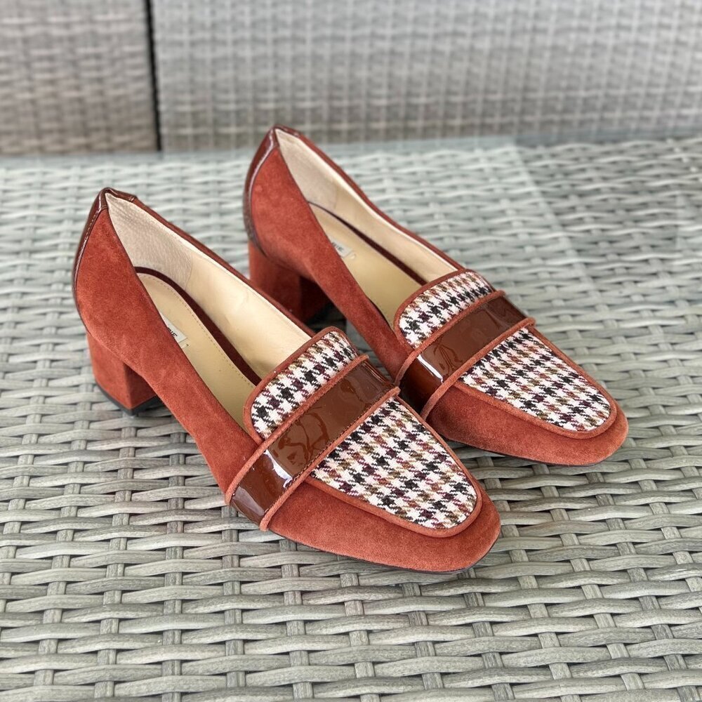 Alex Marie Phaidia Suede Houndstooth Block Heel Pumps Size 8.5 Maroon Brown - Picture 2 of 11